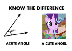 Size: 1264x891 | Tagged: safe, starlight glimmer, pony, unicorn, g4, my little pony: friendship is magic, road to friendship, acute angle, cute, exploitable meme, female, glimmerbetes, image macro, know the difference, mare, meme, pun, smiling, solo, text