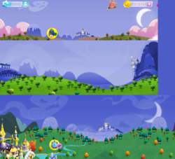 Size: 818x742 | Tagged: safe, gameloft, g4, canterlot, castle, cloud, crescent moon, halloween, hill, holiday, month, moon, night, ponyville, sweet apple acres