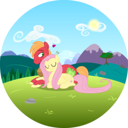 Size: 2048x2048 | Tagged: safe, artist:egophiliac, color edit, edit, big macintosh, fluttershy, earth pony, pegasus, pony, g4, colored, colored pupils, eyes closed, female, floating heart, heart, high res, male, mare, ponyloaf, prone, ship:fluttermac, shipping, simple background, stallion, straight, transparent background