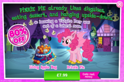 Size: 795x529 | Tagged: safe, gameloft, pinkie pie, bat pony, g4, night of the living apples, advertisement, bat ponified, costs real money, halloween, holiday, introduction card, nightmare night, pinkiebat, race swap