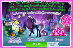 Size: 794x526 | Tagged: safe, gameloft, nightmare rarity, pony, g4, advertisement, costs real money, female, gem, halloween, holiday, introduction card, nightmare night, sale, solo