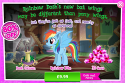 Size: 797x528 | Tagged: safe, gameloft, rainbow dash, bat pony, pony, g4, night of the living apples, spoiler:comic, spoiler:comic33, advertisement, bat ponified, costs real money, female, gem, halloween, holiday, introduction card, mare, nightmare night, race swap, rainbowbat, sale, solo, spread wings, wings