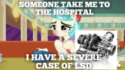 Size: 719x404 | Tagged: safe, artist:forzaveteranenigma, edit, edited screencap, screencap, coco pommel, g4, the saddle row review, blushing, car, differential, hospital, meme, red nosed, sick, solo focus, tissue