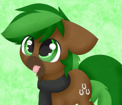 Size: 1075x929 | Tagged: safe, artist:pegamutt, oc, oc only, oc:jaeger sylva, pony, :p, abstract background, animated, clothes, commission, cute, digital art, eye clipping through hair, glasses, green hair, green mane, green tail, male, ocbetes, scarf, silly, solo, stallion, tail wag, tongue out, wide eyes, ych result
