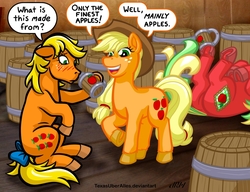 Size: 937x720 | Tagged: safe, artist:texasuberalles, applejack, applejack (g1), applejack (g3), earth pony, pony, g1, g3, g4, my little pony 'n friends, 35th anniversary, alcohol, applejack's hat, barrel, blushing, bow, colored hooves, cowboy hat, dialogue, discworld, drunk, drunk aj, female, freckles, frog (hoof), g1 to g4, g3 to g4, generation leap, generational ponidox, hat, hoof hold, horseshoes, mare, mug, on back, open mouth, raised hoof, speech bubble, tail bow, underhoof