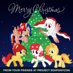 Size: 960x960 | Tagged: safe, oc, oc:indonisty, oc:kwankao, oc:pearl shine, oc:rosa blossomheart, oc:temmy, project seaponycon, christmas, christmas tree, holiday, nation ponies, singapore, tree