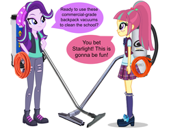 Size: 2048x1536 | Tagged: artist needed, safe, edit, vector edit, sour sweet, starlight glimmer, equestria girls, g4, 1000 hours in keynote, backpack vacuum cleaner, clothes, crystal prep academy uniform, random, school uniform, simple background, speech bubble, vacuum cleaner, vector