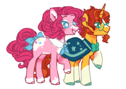 Size: 731x519 | Tagged: safe, artist:pandemiamichi, pinkie pie, sunburst, classical unicorn, pony, unicorn, g4, alternate hairstyle, base used, bow, bowtie, cloven hooves, colored hooves, female, horn, leonine tail, male, no pupils, pinkieburst, shipping, simple background, straight, tail bow, transparent background, unshorn fetlocks