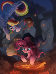 Size: 1807x2371 | Tagged: safe, artist:fluttersheeeee, pinkie pie, rainbow dash, earth pony, pegasus, pony, g4, bag, broom, candy, cauldron, clothes, duo, female, food, halloween, hat, holiday, mare, smiling, tree, witch, witch hat
