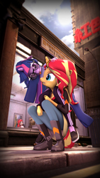 Size: 5400x9600 | Tagged: safe, artist:imafutureguitarhero, sci-twi, sunset shimmer, twilight sparkle, oc, oc:strawberry cheesecake, unicorn, anthro, plantigrade anthro, equestria girls, g4, 3d, absurd file size, absurd resolution, adidas, anthro oc, arm freckles, boots, chromatic aberration, clothes, colored eyebrows, cute, equestria girls outfit, female, film grain, floppy ears, freckles, glasses, jacket, jeans, leather boots, leather jacket, lesbian, mare, multicolored hair, multicolored tail, nail polish, nose wrinkle, painting, pants, pavement, peppered bacon, piggyback ride, road, ship:sci-twishimmer, ship:sunsetsparkle, shipping, shoes, sidewalk, sign, signature, source filmmaker, squatting, street, street lights, sun, tongue out, trash can, twiabetes, vertical, wall of tags, window