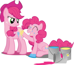 Size: 10152x8921 | Tagged: safe, artist:ace play, applejack, pinkie pie, pony, g4, absurd resolution, applejack is not amused, bodypaint, bucket, paint, painting characters, pink, recolor, simple background, transparent background, unamused, vector