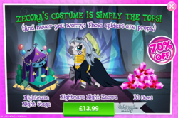 Size: 796x527 | Tagged: safe, gameloft, zecora, spider, g4, advertisement, alternate hairstyle, beautiful, clothes, costs real money, costume, dress, gem, halloween, holiday, introduction card, long hair, nightmare night, nightmare night costume, poem, rhyme, robes