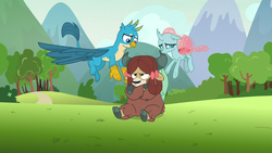 Size: 1280x720 | Tagged: safe, screencap, gallus, ocellus, yona, changedling, changeling, griffon, yak, g4, school raze, bow, chest fluff, cloven hooves, female, flying, hair bow, male, monkey swings, paws, pouting, unamused, wings