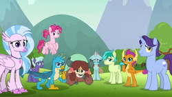 Size: 1280x720 | Tagged: safe, screencap, bifröst, gallus, night view, november rain, ocellus, sandbar, silverstream, smolder, yona, changedling, changeling, classical hippogriff, dragon, earth pony, griffon, hippogriff, pegasus, pony, unicorn, yak, g4, school raze, bow, cloven hooves, colored hooves, dragoness, female, flying, friendship student, hair bow, jewelry, looking at you, male, mare, monkey swings, necklace, stallion, student six, teenager