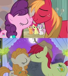 Size: 844x946 | Tagged: safe, edit, edited screencap, screencap, apple bloom, big macintosh, bright mac, pear butter, scootaloo, sugar belle, sweetie belle, earth pony, pony, unicorn, g4, hard to say anything, the perfect pear, comparison, cutie mark crusaders, female, kiss on the lips, kissing, male, mare, ship:brightbutter, ship:sugarmac, shipping, stallion, straight