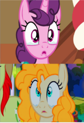 Size: 706x1024 | Tagged: safe, screencap, bright mac, pear butter, sugar belle, g4, the break up breakdown, the perfect pear, comparison, crying