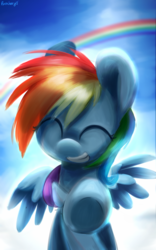 Size: 1200x1920 | Tagged: safe, artist:fluorbaryt, rainbow dash, pegasus, pony, g4, cloud, eyes closed, female, hoof against screen, rainbow, smiling, solo