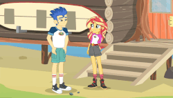 Size: 848x480 | Tagged: safe, screencap, flash sentry, sunset shimmer, equestria girls, g4, my little pony equestria girls: legend of everfree, animated, camp everfree outfits, clothes, converse, cute, female, hand in pocket, male, rock, shipping fuel, shoes, shorts, sneakers, socks
