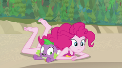 Size: 841x474 | Tagged: safe, edit, edited screencap, editor:logan jones, screencap, pinkie pie, spike, spike the regular dog, dog, equestria girls, equestria girls series, g4, my little pony equestria girls: forgotten friendship, barefoot, clothes, feet, female, paws, pinkie pie swimsuit, soles, swimsuit, the microphone girl
