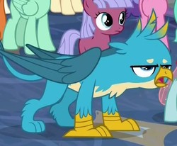 Size: 611x504 | Tagged: safe, screencap, gallus, ocellus, griffon, g4, school raze, chest fluff, cropped, gallus is not amused, male, paws, tail