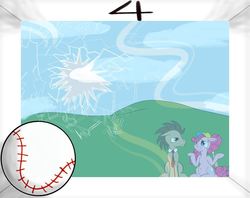 Size: 1200x950 | Tagged: safe, artist:sixes&sevens, doctor whooves, pinkie pie, time turner, g4, annoyed, baseball, baseball bat, baseball cap, breaking the fourth wall, cap, hat, inktober, inktober 2018, sheepish grin, sports