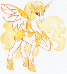 Size: 2750x3000 | Tagged: safe, artist:maximanxd, daybreaker, alicorn, pony, g4, armor, evil smile, female, grin, high res, horn, mare, raised hoof, simple background, smiling, solo, traditional art, wings