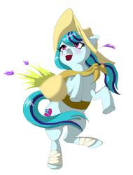 Size: 600x788 | Tagged: safe, artist:theigi, sonata dusk, earth pony, pony, fanfic:we are what we are, g4, clothes, fanfic, fanfic art, female, flower, hat, ponified, saddle bag, shawl, solo, sun hat