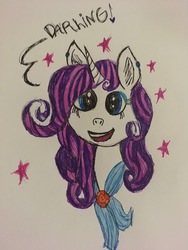 Size: 3024x4032 | Tagged: safe, artist:ice-star-pony, rarity, pony, unicorn, fanfic:the last train home, g4, bust, clothes, curly hair, darling, dialogue, ear piercing, earring, eyeshadow, fanfic, fanfic art, female, jewelry, makeup, mare, piercing, scarf, smiling, solo, sparkles, traditional art