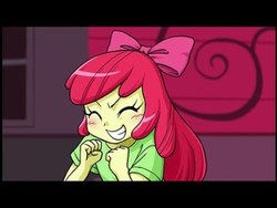 Size: 480x360 | Tagged: safe, artist:uotapo, apple bloom, human, comic:home alone, equestria girls, g4, adorabloom, cropped, cute, happy, letterboxing, ribbon