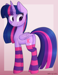 Size: 1960x2520 | Tagged: safe, artist:imbirgiana, twilight sparkle, alicorn, pony, g4, blushing, clothes, cute, eye clipping through hair, eyebrows, eyebrows visible through hair, female, folded wings, high res, horn, looking back, mare, signature, smiling, socks, solo, striped socks, twiabetes, twilight sparkle (alicorn), wings
