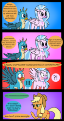 Size: 1500x2825 | Tagged: safe, artist:noidavaliable, applejack, gallus, silverstream, classical hippogriff, earth pony, griffon, hippogriff, pony, comic:signs of dishonesty, g4, !!!, blushing, comic, exclamation point, female, interrobang, male, question mark, ship:gallstream, shipper on deck, shipperjack, shipping, simple background, speech bubble, spread wings, straight, wingboner, wings