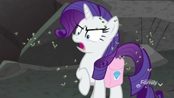 Size: 1920x1080 | Tagged: safe, screencap, rarity, fly, fly-der, pony, unicorn, g4, school raze, angry, female, mare, raised hoof, rarity is not amused, saddle bag, solo, unamused, upset