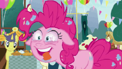 Size: 480x270 | Tagged: safe, edit, edited screencap, screencap, bon bon, comet tail, pinkie pie, sweetie drops, g4, secrets and pies, animated, bloodshot eyes, crazy face, eye scream, faic, floppy ears, gif, long tongue, loop, nightmare fuel, teary eyes, tongue out