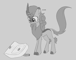 Size: 1964x1556 | Tagged: safe, artist:dusthiel, autumn blaze, kirin, g4, sounds of silence, ..., :p, :t, chest fluff, cloven hooves, ear fluff, female, gray background, grayscale, hoof fluff, kitchen sink, leg fluff, leonine tail, looking at something, looking down, monochrome, quadrupedal, silly, simple background, sink, smiling, solo, tongue out