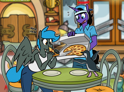 Size: 1280x956 | Tagged: safe, artist:whatsapokemon, oc, oc only, oc:jade shine, bird, penguin, unicorn, anthro, anthro oc, clothes, club penguin, female, food, mare, meat, pepperoni, pepperoni pizza, pizza, table