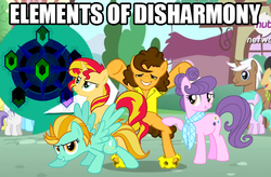 Size: 615x403 | Tagged: safe, cheese sandwich, cherry cola, cherry fizzy, lightning dust, mochaccino, rare find, sunset shimmer, suri polomare, tornado bolt, pony, unicorn, g4, female, happy, image macro, male, meme, text