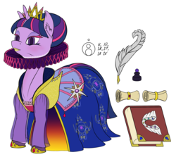 Size: 2000x1783 | Tagged: safe, artist:sepiakeys, twilight sparkle, pony, g4, accessory, alternate hairstyle, book, clothes, crown, dress, ear fluff, elizabethan, female, inkwell, jewelry, lipstick, makeup, new crown, quill, regal, regalia, ruff (clothing), scribe, scroll, shoes, simple background, solo