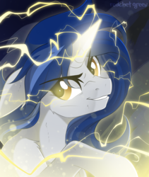 Size: 1000x1184 | Tagged: safe, artist:redchetgreen, oc, oc only, pony, unicorn, commission, electricity, female, lightning, mare, smiling, solo