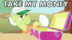 Size: 500x281 | Tagged: safe, edit, edited screencap, screencap, granny smith, pony, g4, the super speedy cider squeezy 6000, animated, bits, female, gif, meme, money, reaction image, solo