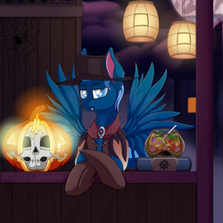 Size: 1100x1100 | Tagged: safe, artist:moonlightstrange, oc, oc only, oc:relaxing rivers, pegasus, pony, halloween, holiday, jack-o-lantern, male, pumpkin, skull, solo, stallion, ych result