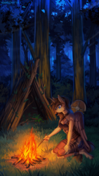 Size: 1013x1800 | Tagged: safe, artist:margony, oc, oc only, alicorn, anthro, unguligrade anthro, alicorn oc, anthro oc, breasts, campfire, cleavage, clothes, digital art, female, folded wings, forest, kneeling, mare, night, scenery, shield, signature, sitting, solo, wings