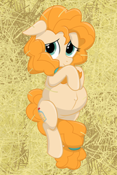 Size: 853x1280 | Tagged: safe, artist:xniclord789x, pear butter, earth pony, pony, g4, and that's how apple bloom was made, and that's how applejack was made, and that's how big mac was made, belly, big belly, cute, female, floppy ears, hay, looking at you, mama pear, mare, outie belly button, pearabetes, pregnant, pregnant pear butter, smiling, solo