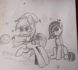 Size: 640x576 | Tagged: safe, artist:taika403, derpy hooves, marble pie, pony, g4, blushing, cloak, clothes, crown, duo, hat, jewelry, mask, monochrome, pencil drawing, regalia, scarf, sitting, snow, snowball, snowflake, superhero, traditional art, winter