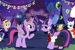 Size: 2400x1600 | Tagged: safe, artist:pixelkitties, bon bon, fluttershy, rarity, sweetie drops, trixie, twilight sparkle, alicorn, pegasus, pony, unicorn, g4, big crown thingy, cardboard wings, disguise, element of magic, fake alicorn, fake wings, female, halloween, holiday, jewelry, nightmare night, regalia, shaun of the dead, shaun riley, show accurate, twilight sparkle (alicorn), twilight sparkle is not amused, unamused