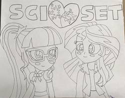 Size: 1080x848 | Tagged: safe, artist:superclassicsonic4equestria, sci-twi, sunset shimmer, twilight sparkle, equestria girls, g4, blushing, cutie mark, female, heart, instagram, lesbian, lineart, looking at each other, ship:sci-twishimmer, ship:sunsetsparkle, shipping, sketch, traditional art