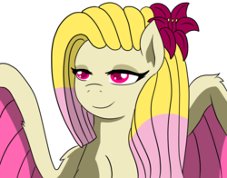 Size: 4688x3668 | Tagged: safe, artist:cmacx, oc, oc only, oc:orchid, pegasus, pony, adopted offspring, bust, colored wings, eyeshadow, female, flower, flower in hair, lidded eyes, makeup, mare, parent:big macintosh, parent:fluttershy, parents:fluttermac, simple background, solo, two toned mane, white background