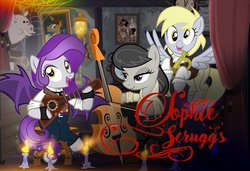 Size: 1100x753 | Tagged: dead source, safe, artist:pixelkitties, derpy hooves, king sombra, octavia melody, oc, bat pony, g4, bugle, cello, musical instrument, pixelkitties' brilliant autograph media artwork, show accurate