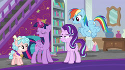 Size: 1280x720 | Tagged: safe, screencap, cozy glow, rainbow dash, starlight glimmer, twilight sparkle, alicorn, pegasus, pony, unicorn, g4, school raze, book, bookshelf, cozy glow is not amused, female, filly, foal, mare, stairs, starlight glimmer is not amused, twilight sparkle (alicorn), unamused