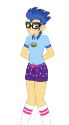 Size: 1000x1800 | Tagged: safe, artist:mashoart, flash sentry, equestria girls, g4, blushing, camp everfree outfits, clothes swap, crossdressing, girly sentry, glasses, grin, male, nervous, nervous smile, simple background, smiling, solo, transparent background, trap sentry