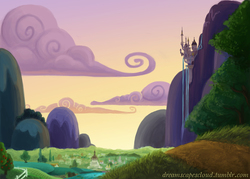 Size: 1050x750 | Tagged: safe, artist:autumnsunrise, g4, canterlot, city, cloud, dirt road, fence, mountain, no pony, ponyville, scenery, town, waterfall
